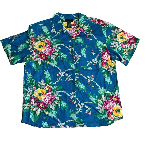 Lauren Ralph Lauren Tops - Lauren Ralph Lauren Floral Hawaiian Shirt Sz 16 Coastal Beach Linen  Vacay Women